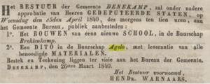 Aanbesteding nieuwe lagere school 1840